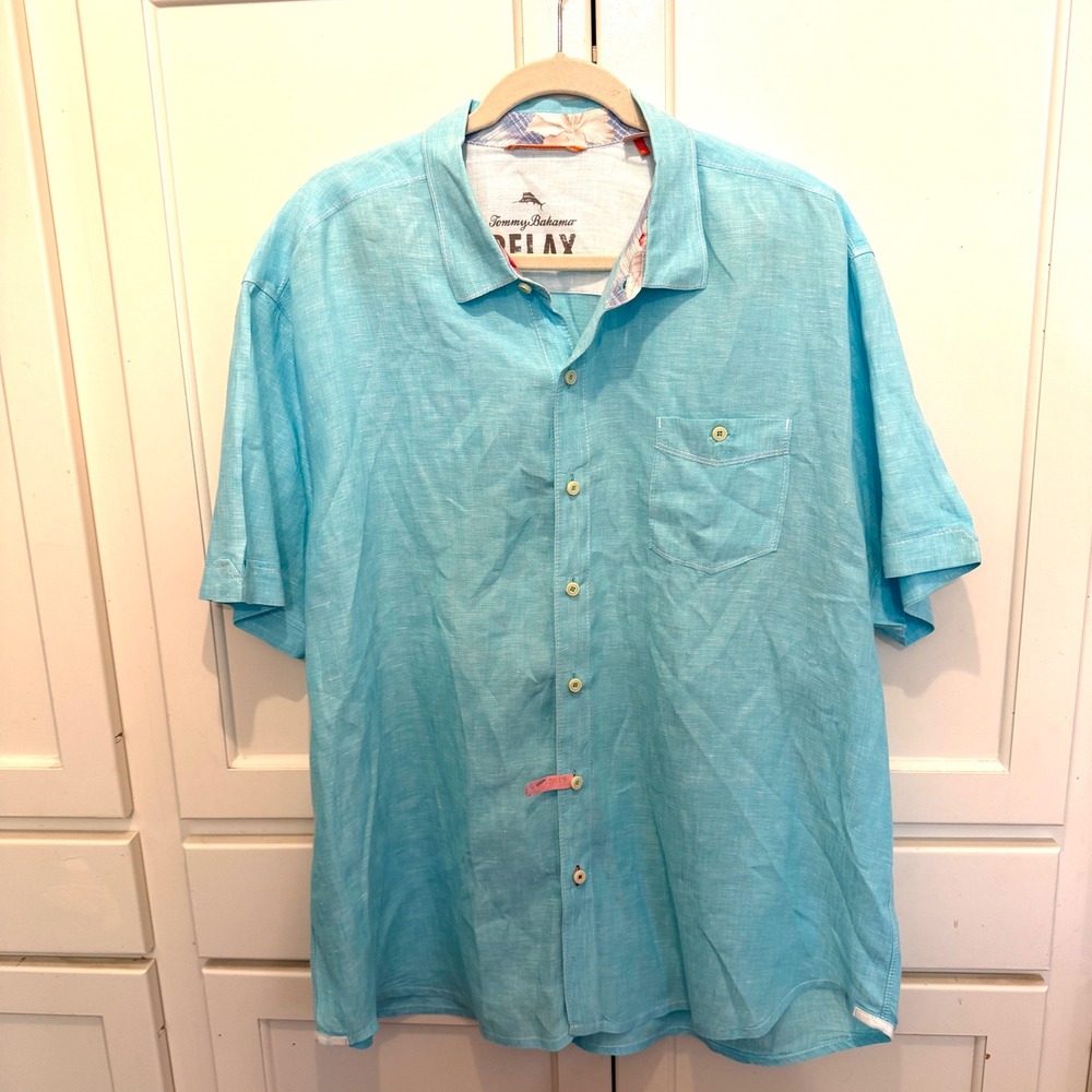 Tommy Bahama Relax Mens‎ XXL Aqua Blue 100% Linen Short Sleeve Button Down Shirt